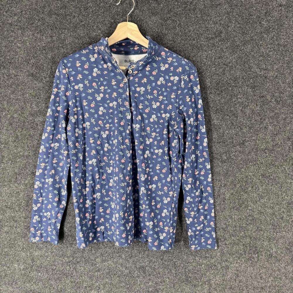 Blair Top Women S Small Blue Floral 1/2 Button Crew Neck Long Sleeve Cotton